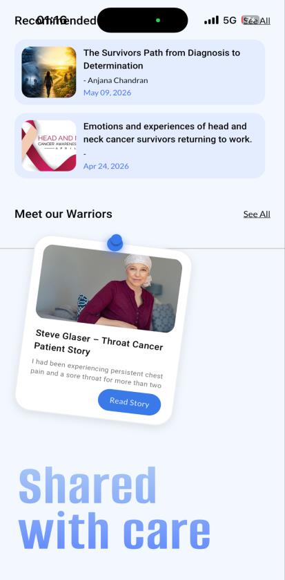 Recommended content and patient stories on home screen