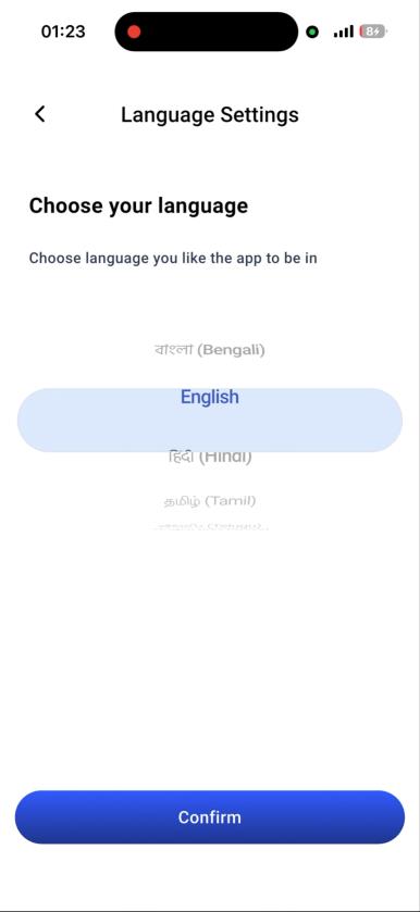 Language settings screen
