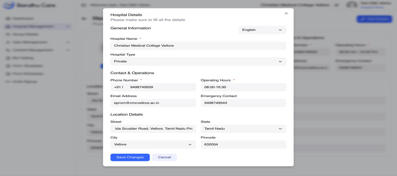 Edit hospital details modal