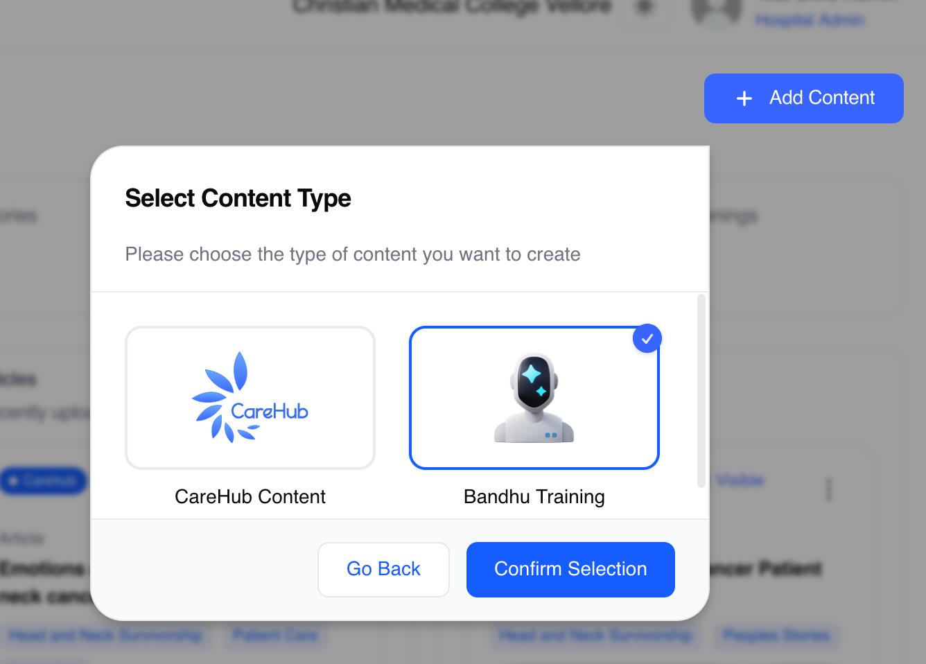 Content type selection screen