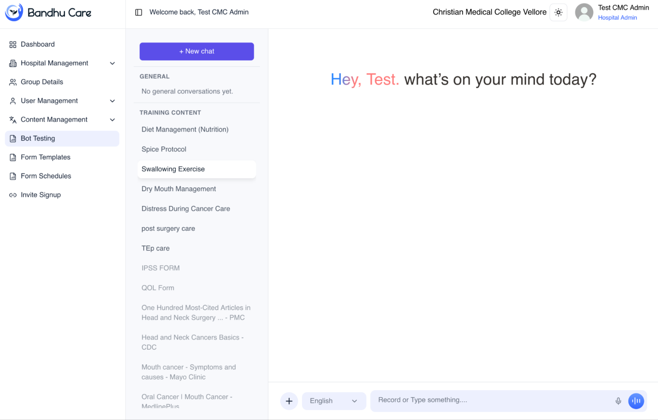 Bot testing screen