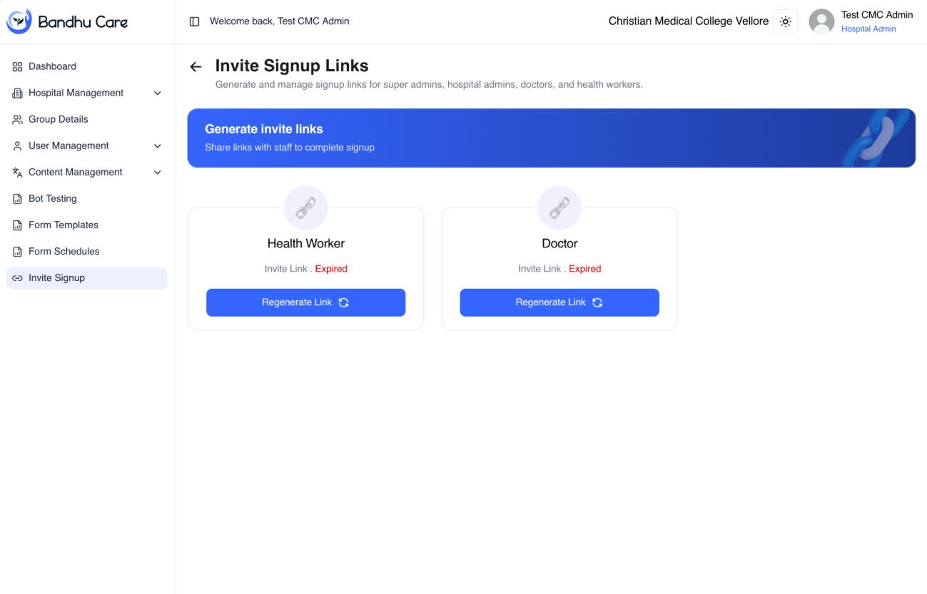 Invite signup links screen